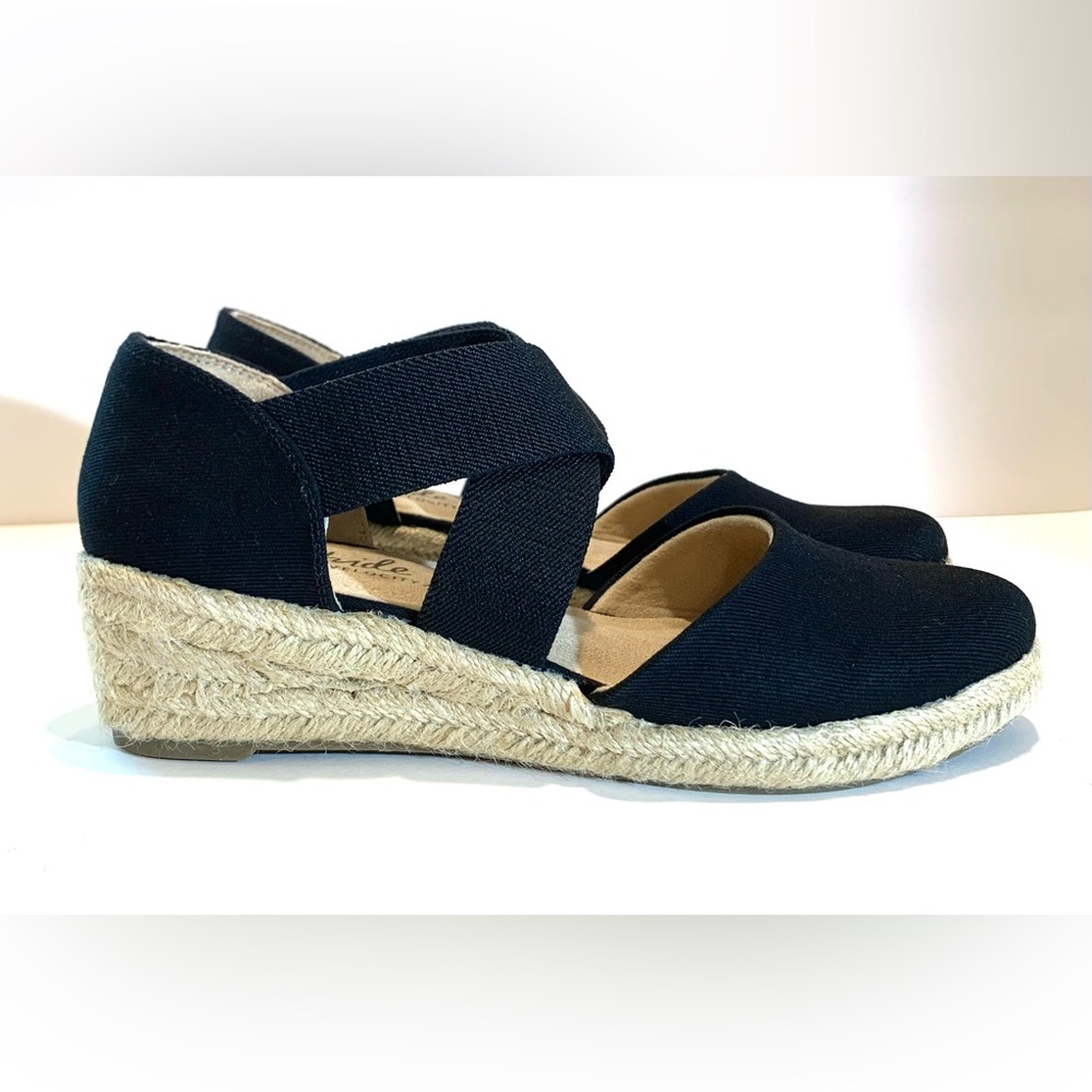 Life Stride Keaton Black Canvas Wedge Espadrilles Sandals Sz 8.5M